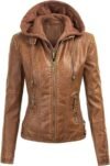 Lock and Love Women's Removable Hooded Leather Jacket Moto Biker Coat - Tan