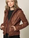Lock and Love Women's Removable Hooded Leather Jacket Moto Biker Coat - Tan - Image 5