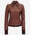 Women's Dark Brown Bomber Leather Jacket With Removable Hood - Image 5