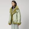 Women Light Green Aviator Styled Sheepskin Shearling Leather Jacket - Image 3
