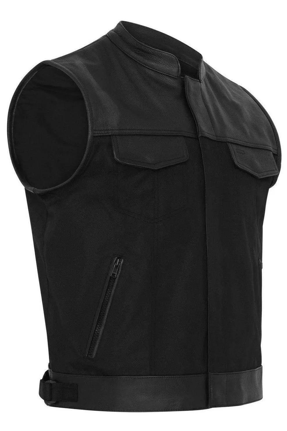 s-l1600 - 2024-06-21T131041.303 Mens Cordura Fabric Club Denim Motorcycle Vest Genuine Leather Cut Off Waistcoat - Image 1